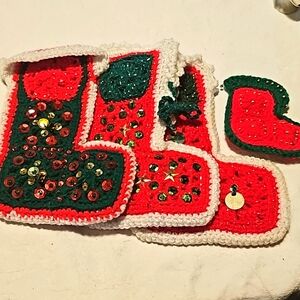 VINTAGE CROCHET STOCKINGS LOT OF 4 WITH LOTS OF BLING